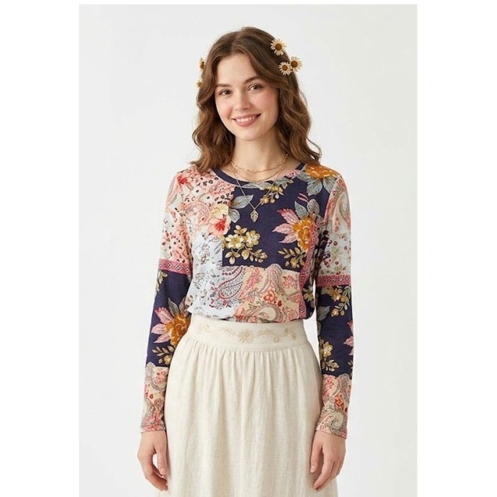 Cino Patchwork Floral Paisley Top Large Multi Color Cotton Long Sleeve Boho Arts